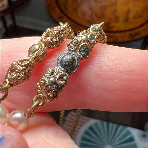 Vintage Mid Century West German Filigree Green Porphyry Slag Glass Necklace - Picture 7 of 12